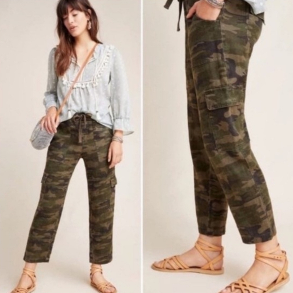 Sanctuary x Anthropologie 100% Linen Green Camo Cropped Ankle Pants Gorpcore Sm - Picture 3 of 12
